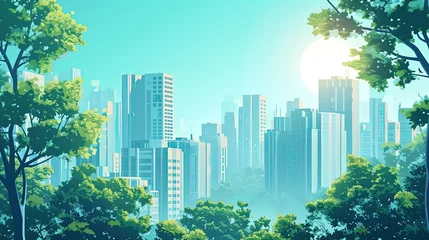 Poster Digital illustration of a modern city skyline with lush green trees in the foreground, symbolizing urban nature harmony. © Sodapeaw