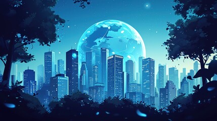 An artistic illustration of a futuristic cityscape at night with an oversized moon looming in the background, amidst a forested foreground.