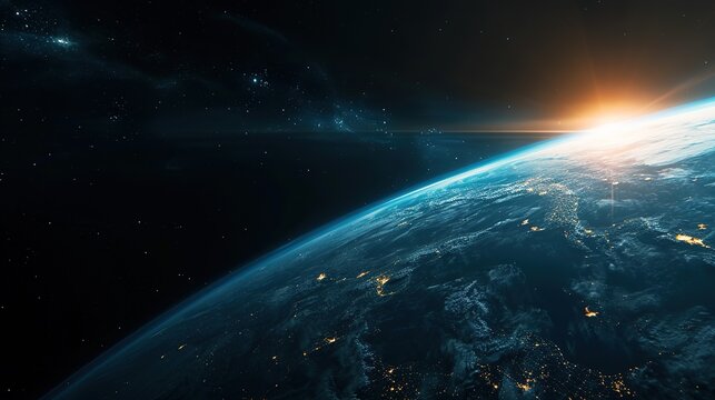 A breathtaking view of sunrise over Earth's horizon from space, with a glimpse of city lights under the night sky.