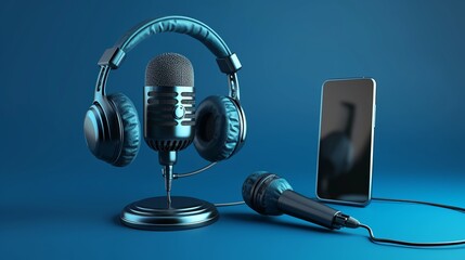 Modern Podcast Recording Setup with Microphone, Headphones, and Smartphone