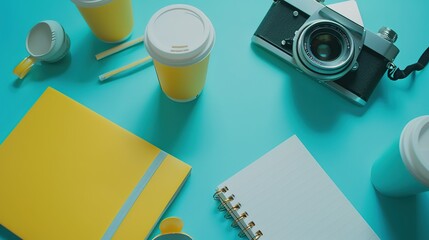 A flat lay of a creative workspace featuring a vintage camera, disposable coffee cups, and notebooks, all set against a vibrant turquoise and yellow color scheme.