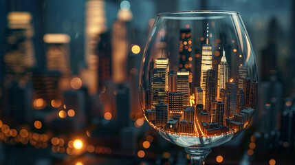 A city diorama inside a wine glass