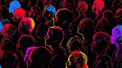 A compelling artwork displaying a dense crowd of silhouettes with neon outlines, emphasizing the beauty and diversity of humanity. - obrazy, fototapety, plakaty