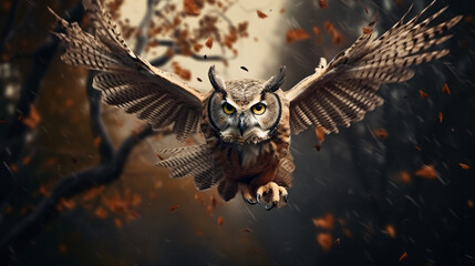 The surreal point of view of owl flying between - obrazy, fototapety, plakaty