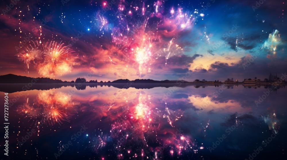 Poster Fireworks reflected on the surface of a calm lake, creating a stunning mirrored effect. Generative AI