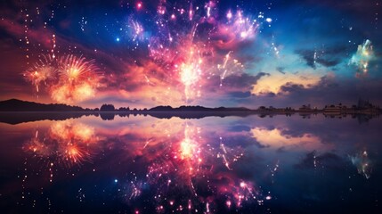 Fireworks reflected on the surface of a calm lake, creating a stunning mirrored effect. Generative AI