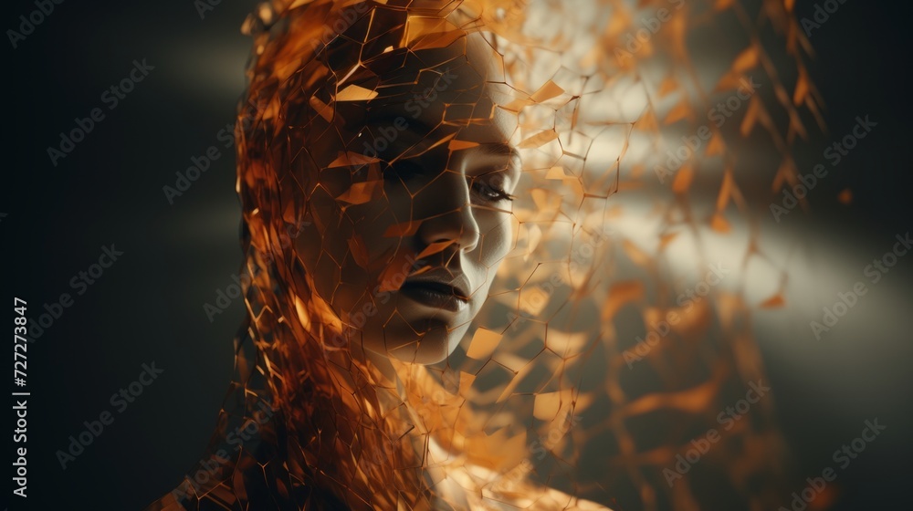 Poster Fragmented and distorted shapes creating a unique and abstract visual tapestry. female portrait Generative AI