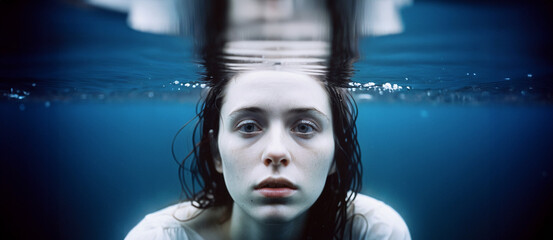primo piano volto di giovane donna immersa nell'acqua - obrazy, fototapety, plakaty