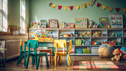 Interior of children's room with toys and chairs, toned classroom filled with toys, books, and colorful chairs - obrazy, fototapety, plakaty