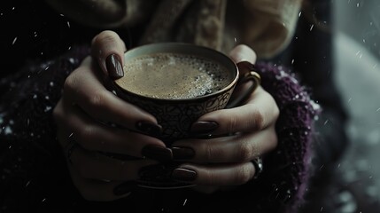 A person's hands with glossy dark nail polish cradling a hot, steamy beverage in a delicately patterned cup, evoking a sense of winter warmth. - obrazy, fototapety, plakaty
