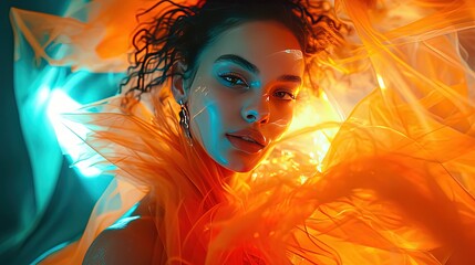 Close-up portrait of a woman with a captivating gaze, surrounded by glowing lights and vibrant orange textures.