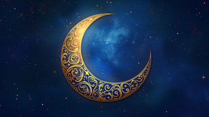 Obraz na płótnie Canvas Beautiful Crescent Moon with Gold Pattern, Abstract Blue Background with tiny stars shining. Eid and Ramadan 2024