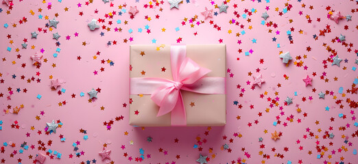 Gift or present box with stars confetti on pink table top view, flat lay composition for birthday, mother day or wedding.