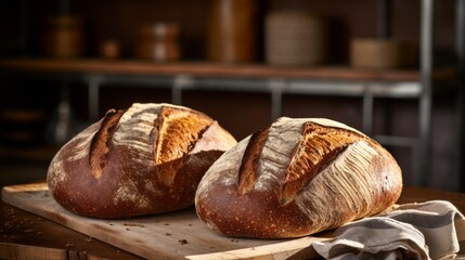 Handcrafted whole wheat bread loaves, highlighting the texture of the crust and nutty aroma Generative AI