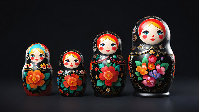 Colorful Russian matryoshka dolls with black background