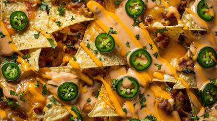 Close up of Cinema Food nachos with cheese and jalapeno in a full screen tile image that can be repeated infinitely  - Powered by Adobe