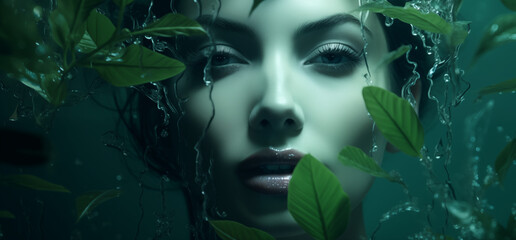 fashion portrait of a beauty woman under water close-up