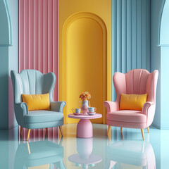 Pastel Colored Armchairs and Coffee Table Set in Colorful Room
