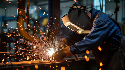 Industrial Welder at Work with Sparks Flying
