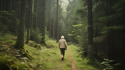 lderly woman walking in an alpine forest, summertime