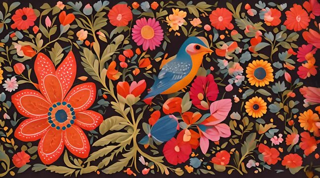 Beautiful hand paintings of flowers, birds and hearts. The concept of peace of life