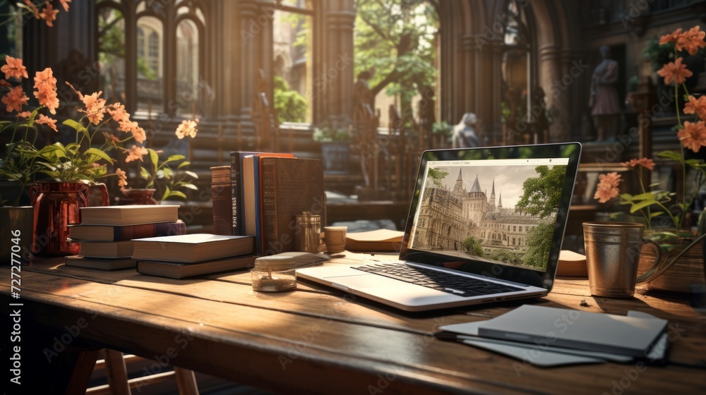 Poster Library desk scene with an assortment of books stacked neatly alongside an open laptop, a blend signifying education technology and e-learning Generative AI