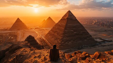 Majestic pyramids, twilight sky, drone perspective, vast desert, high-definition sunset tableau Generative AI