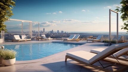 Fototapeta premium Luxurious rooftop terrace with a swimming pool and loungers. Generative AI