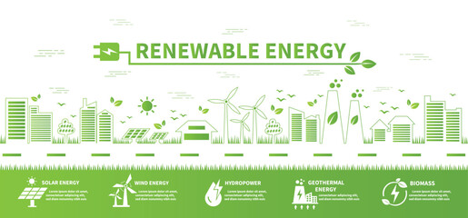 Renewable, green energy and save energy web banner. Ecology, Sustainable clean industrial factory, renewable energy sources and green electricity concept icons. Environment doodle flate design vector © Deemerwha