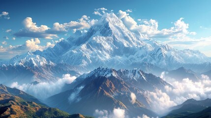 Majestic snow-capped mountain range under a clear blue sky, fluffy white clouds drifting above, sunrays illuminating the peaks Generative AI - obrazy, fototapety, plakaty