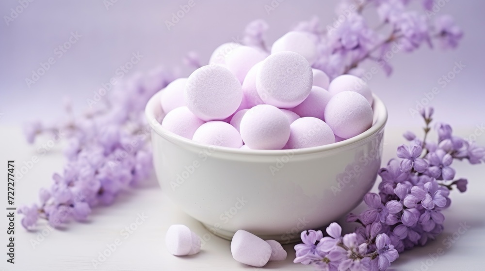 Poster marshmallows in soft lavender, miniature round-shaped, clustered on a white surface, ambient lightin