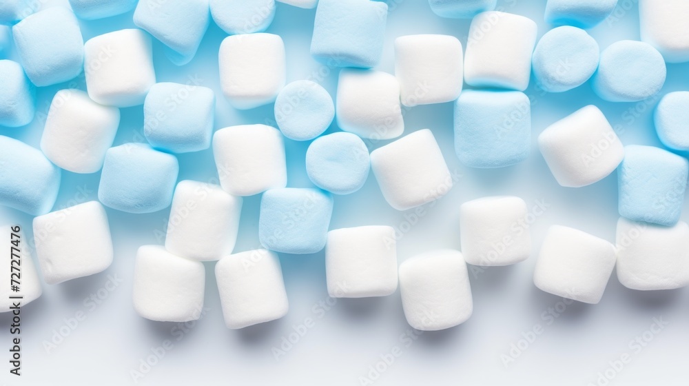 Poster marshmallows in vibrant blue, square-shaped, neatly aligned on a white surface, bright lighting, mod