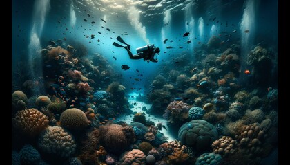 Fototapeta na wymiar Solo Diver Gliding through a Serene Coral Seascape 