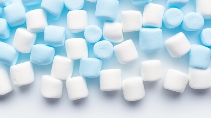 Fototapeta na wymiar Marshmallows in vibrant blue, square-shaped, neatly aligned on a white surface, bright lighting, modern and crisp atmosphere Generative AI