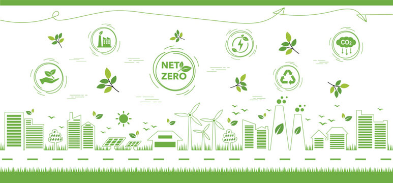 Net zero and carbon neutral concept. Net zero greenhouse gas emissions target. Climate neutral long term strategy, green net zero icon and on the world and green city with circles doodle background.