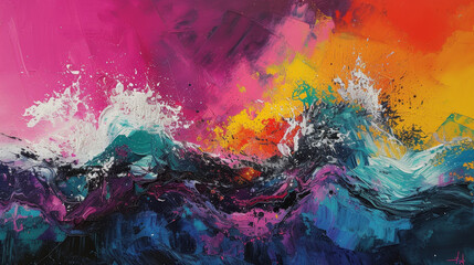 Obraz na płótnie Canvas Abstract Ocean Wave Acrylic Painting on Canvas Dynamic abstract acrylic painting captures the powerful motion of ocean waves, merging vibrant hues of pink, blue, and orange on canvas. 