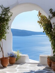 View of the sea from the house through the arch, Santorini island, Greece.