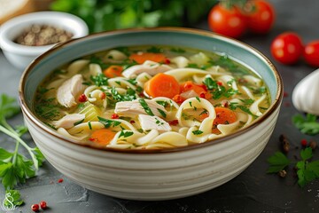 Homemade chicken noodle soup with vegetables and spices in a bowl. Healthy food concept