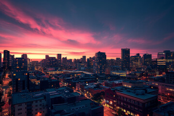 Dramatic Sunset Over Urban Cityscape
A breathtaking cityscape under a dramatic sunset with vibrant pink and purple skies casting a warm glow over the urban skyline.
