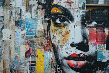Vivid Urban Mural with Eye and Lips on Collaged Wall
A captivating urban mural featuring a woman's eye and red lips, layered over a collage of posters on a city wall.

