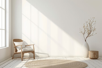 Scandinavian Style Interior with Sunlit Corner
A bright, sunlit corner in a Scandinavian-style interior, featuring a wicker chair, a large vase with branches - obrazy, fototapety, plakaty