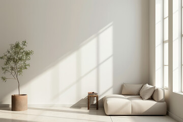 Modern Minimalist Lounge with Natural Sunlight
A serene minimalist lounge bathed in natural sunlight, featuring a comfortable couch and a potted tree, creating a peaceful and stylish interior space.
