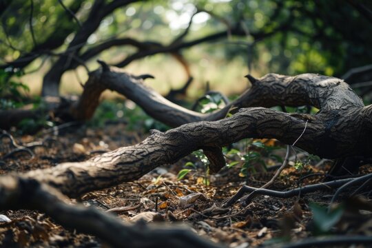 A image of a fallen branch of tree in the ground.