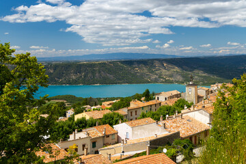 Fototapeta na wymiar Typical Provencal town Aiguines with Lac de Sainte-Croix, Verdon Natural Park, Alpes-de-Haute-Provence, Provence, France