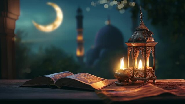 Ramadan arabian lantern with the quran, mosque background with candle light animation looping video 4k