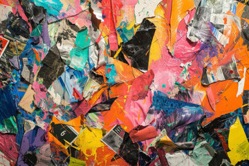 Explosion of Colors in Abstract Art Collage
A chaotic yet captivating abstract art collage, featuring a riot of colors intermixed with pieces of torn paper, creating a vibrant urban texture.
