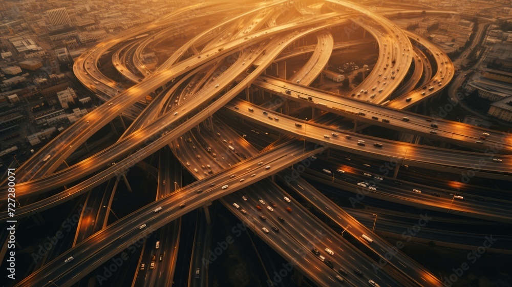 Aufkleber overhead views of a bustling freeway interchange connecting major highways and roads, capturing traf