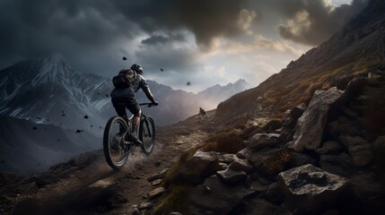 A dramatic visualization of a mountain biker in motion, skillfully negotiating rocky paths and breathtaking landscapes on an adventurous ride. 