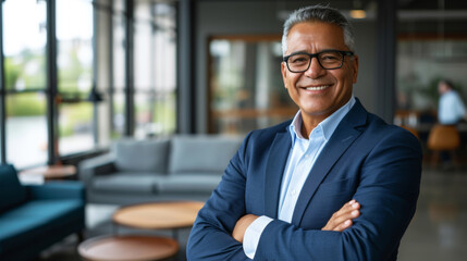 Fototapeta premium smiling middle-aged man in a blue suit with crossed arms, standing confidently