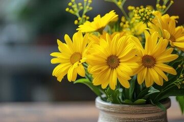 Vibrant yellow flower arrangement in delicate vase with botanical elements.